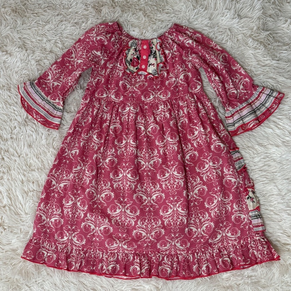 Sage & Lilly Girls Dress Size 6 Pink White Damask Print Ruffle Bell‎ Sleeve